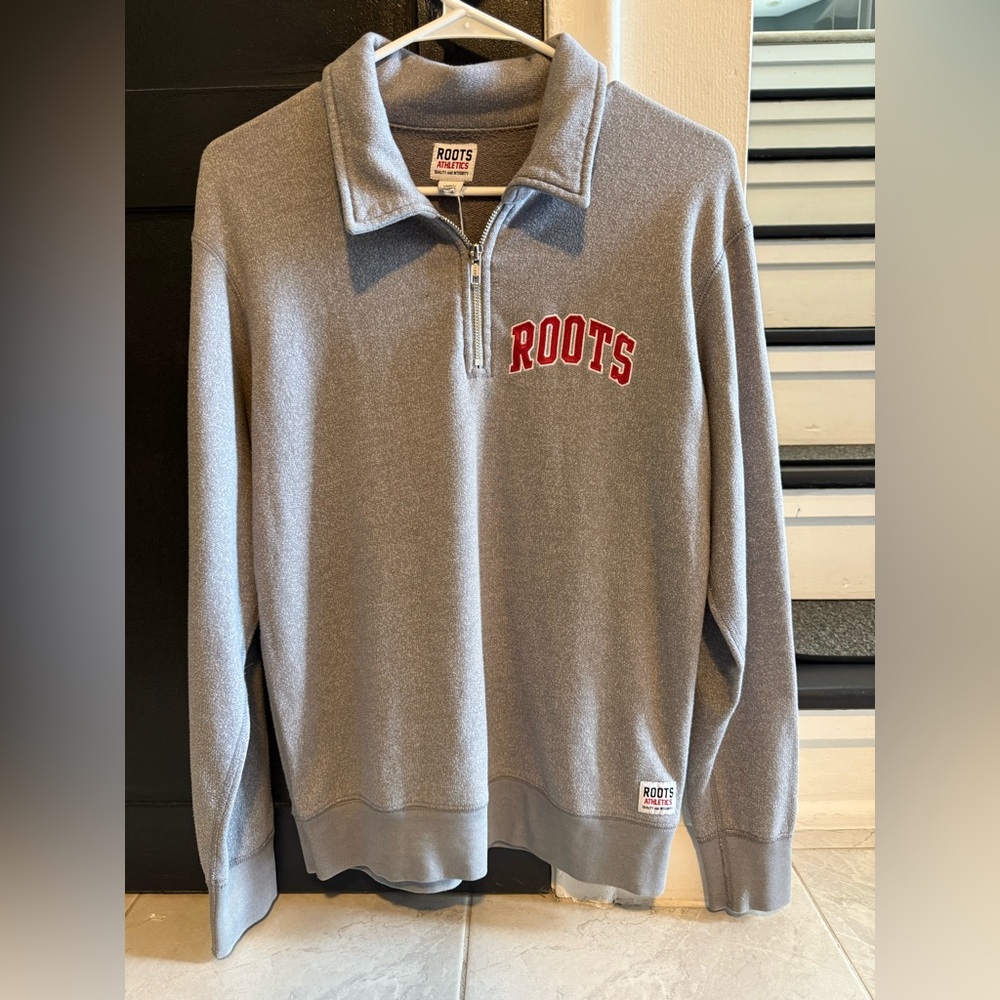 Roots Women's Gray Half-Zip Sweatshirt with Red Logo